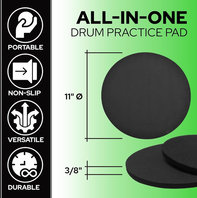 Xcel 4 Drum Practice Pads - Portable for Snare, Drum Kits - Non Slip for Stability - 11 Inch Round x 3/8 Inch Thick (4 Drum Pads - No Drum Sticks) - Image 3